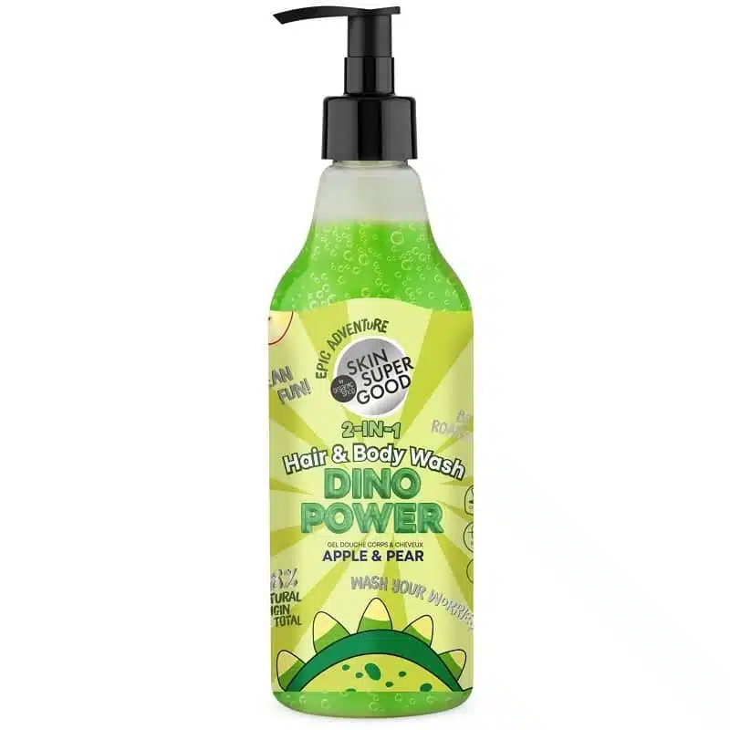 Skin Super Good Dino Power 2 az 1-ben sampon és tusfürdő almával és körtével - 500ml Skin Super Good Dino Power 2 az 1-ben sampon és tusfürdő almával és körtével - 500ml