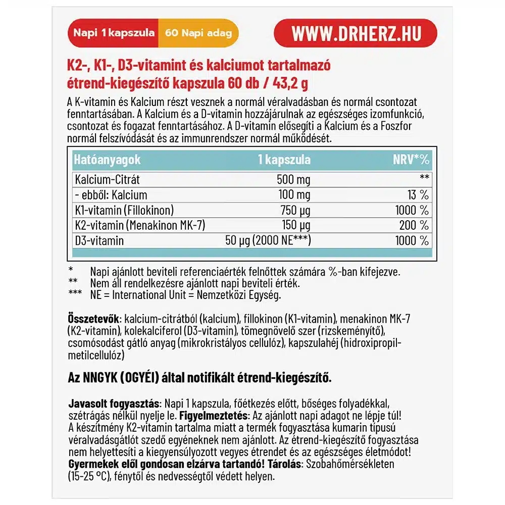 Dr. Herz K2-vitamin+K1+D3+Kálcium kapszula - 60db - Image 2 Dr. Herz K2-vitamin+K1+D3+Kálcium kapszula - 60db - Image 2