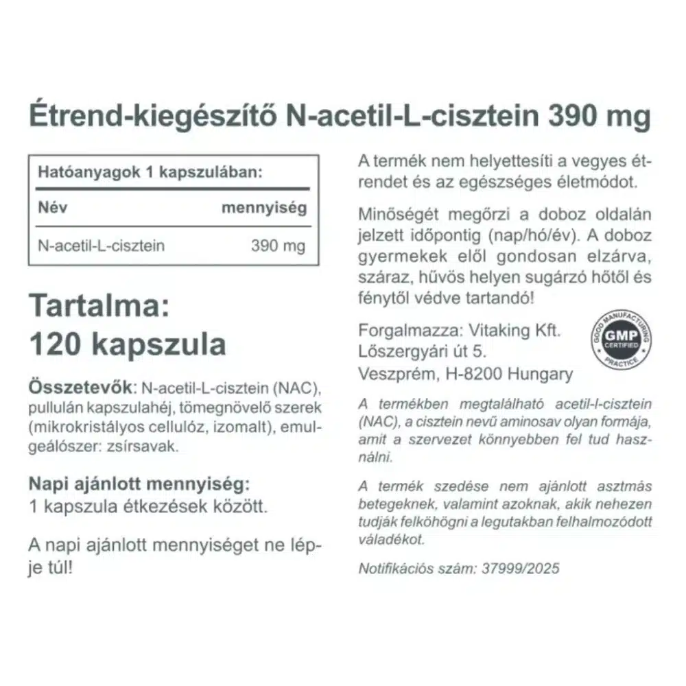 Vitaking NAC-390 N-Acetil L-Cisztein immunerősítő és nyákoldó kapszula - 120db - Image 2 Vitaking NAC-390 N-Acetil L-Cisztein immunerősítő és nyákoldó kapszula - 120db - Image 2