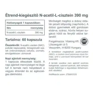 Vitaking NAC-390 N-Acetil L-Cisztein immunerősítő és nyákoldó kapszula - 60db - Image 2 Vitaking NAC-390 N-Acetil L-Cisztein immunerősítő és nyákoldó kapszula - 60db - Image 2