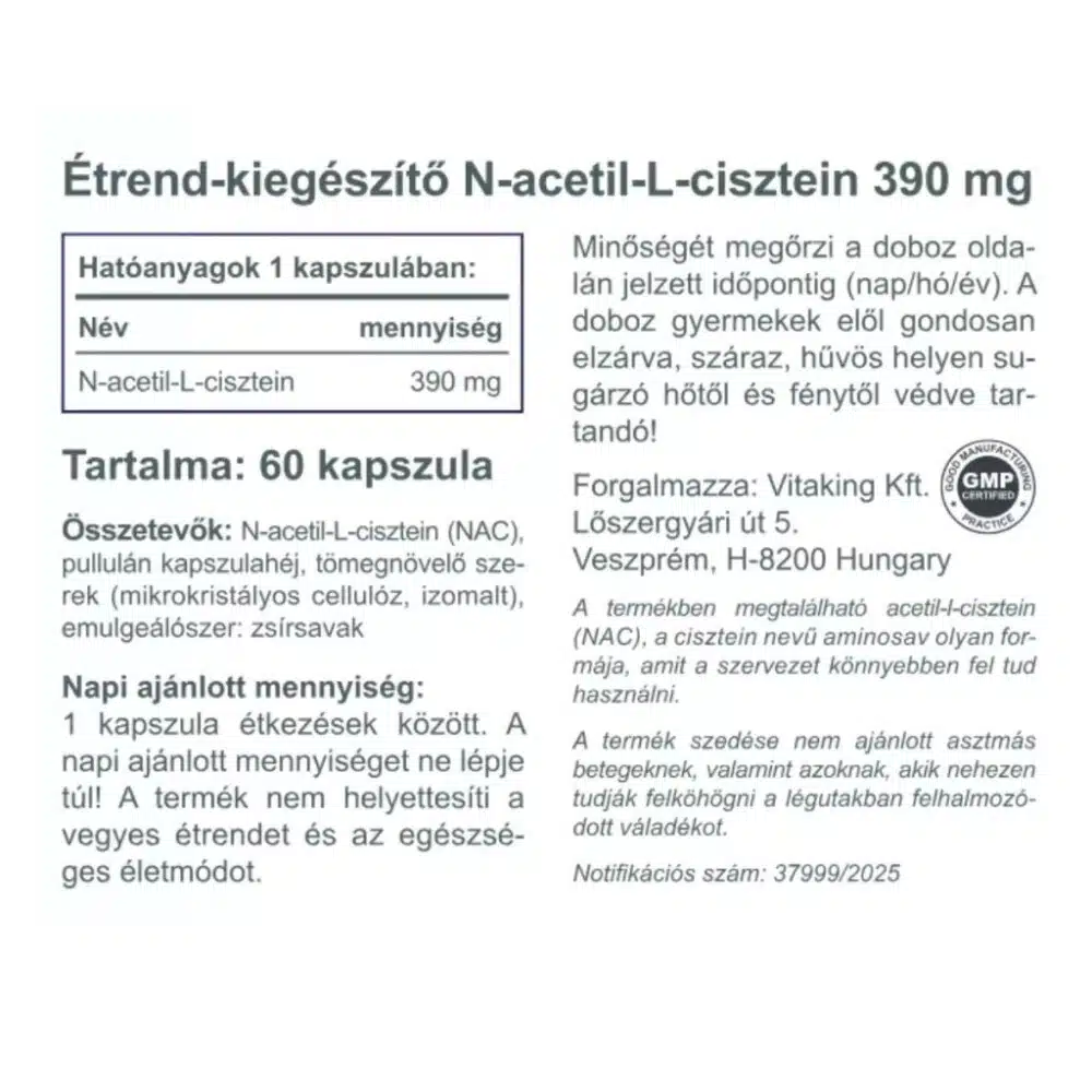 Vitaking NAC-390 N-Acetil L-Cisztein immunerősítő és nyákoldó kapszula - 60db - Image 2 Vitaking NAC-390 N-Acetil L-Cisztein immunerősítő és nyákoldó kapszula - 60db - Image 2