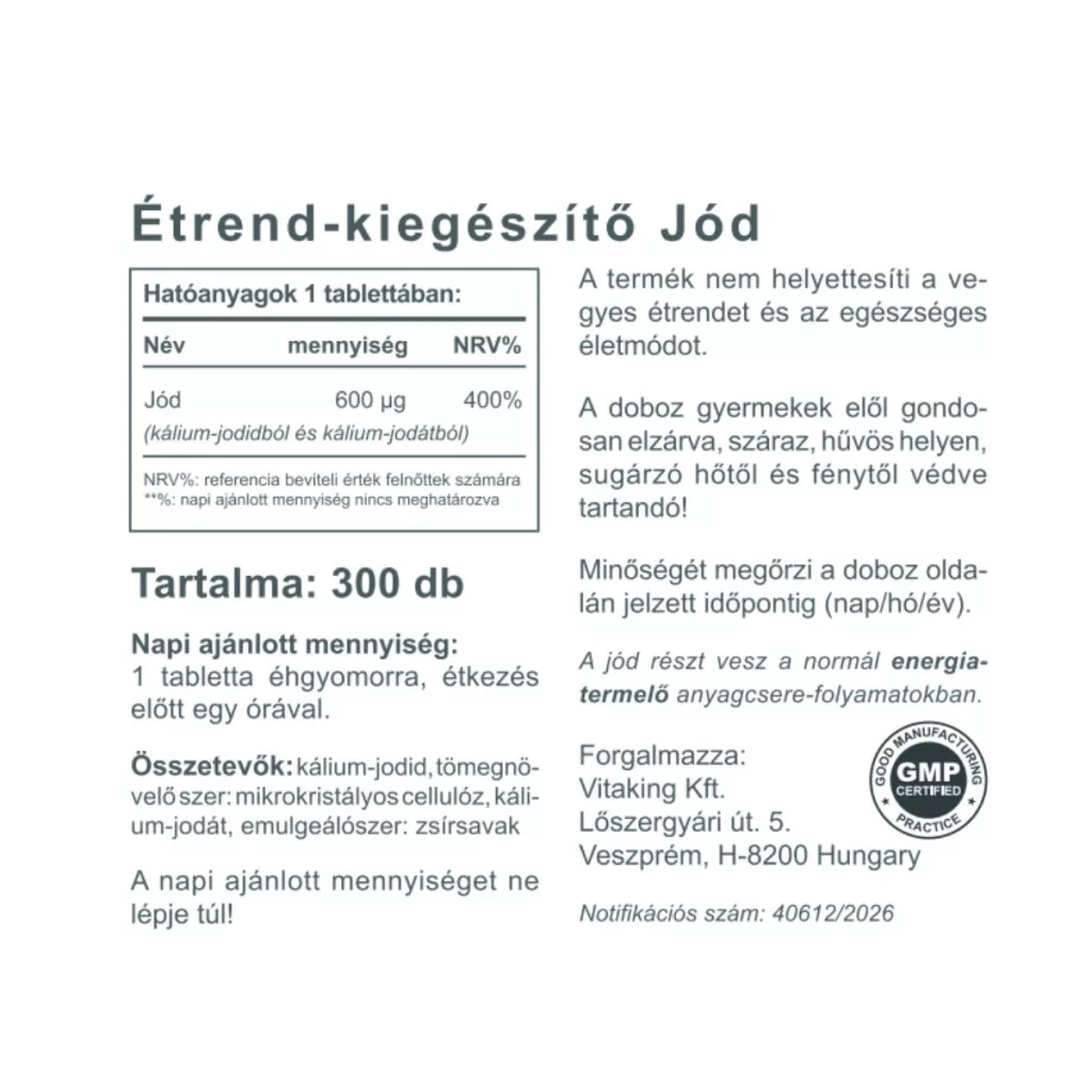 Vitaking Jódharmónia 600mcg tabletta - 300db - Image 2 Vitaking Jódharmónia 600mcg tabletta - 300db - Image 2