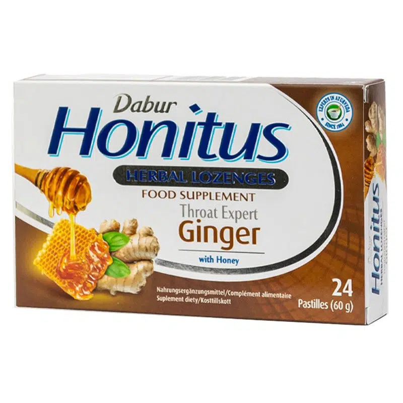 Dabur Honitus Ginger-gyömbér ízű gyógynövényes szopogató tabletta mézzel 24db Dabur Honitus Ginger-gyömbér ízű gyógynövényes szopogató tabletta mézzel 24db