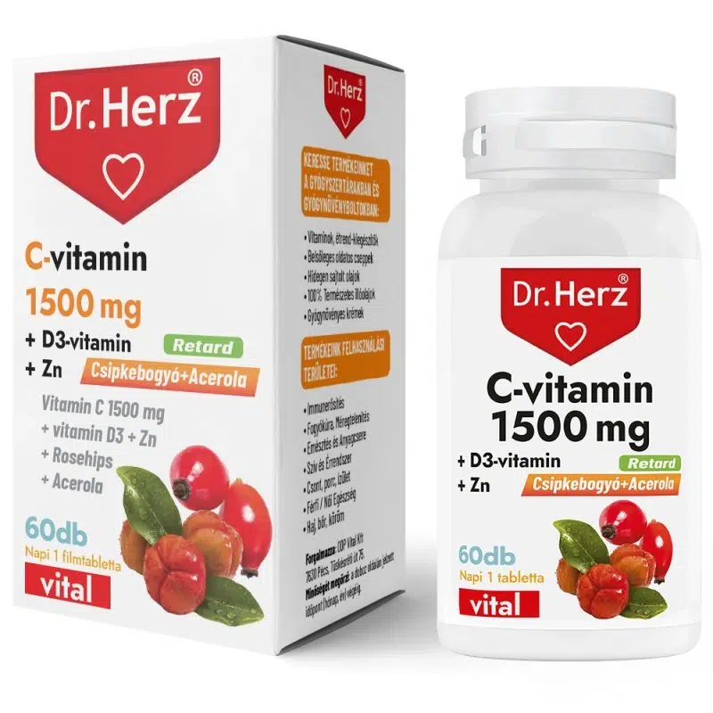 Dr. Herz C-vitamin 1500mg +D3+cink+csipkebogyó, acerola filmtabletta 60db Dr. Herz C-vitamin 1500mg +D3+cink+csipkebogyó, acerola filmtabletta 60db