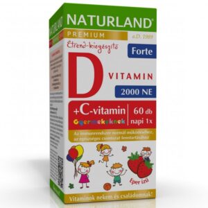 Naturland D3 forte + C-vitamin eper ízű gyerek rágótabletta 60db