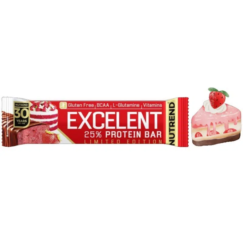 NUTREND Excelent 25% protein bar-fehérje szelet Strawberry Cake 85g NUTREND Excelent 25% protein bar-fehérje szelet Strawberry Cake 85g