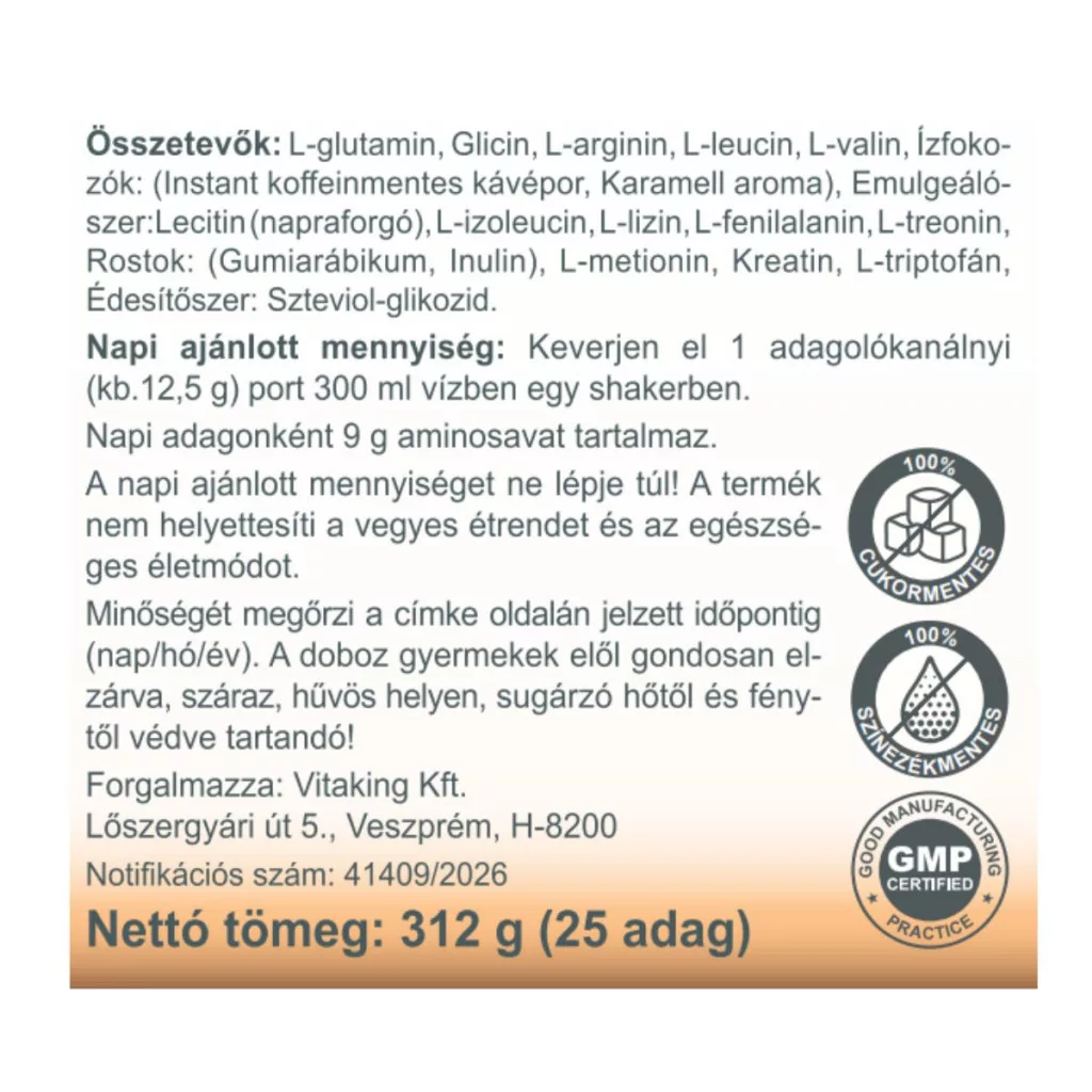 Vitaking Aminosav Komplex karamell-kávé ízű italpor - 312g - Image 2 Vitaking Aminosav Komplex karamell-kávé ízű italpor - 312g - Image 2