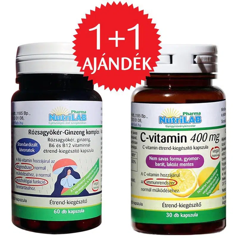 Nutrilab Rózsagyökér-Ginzeng komplex kapszula + AJÁNDÉK C-vitamin kapszula - 60db+30db Nutrilab Rózsagyökér-Ginzeng komplex kapszula + AJÁNDÉK C-vitamin kapszula - 60db+30db
