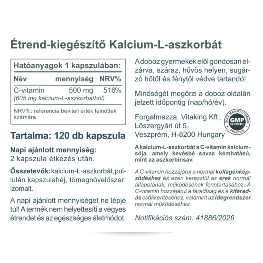 Vitaking C-vitamin Kalcium L-Aszkorbát kapszula - 120db - Image 3 Vitaking C-vitamin Kalcium L-Aszkorbát kapszula - 120db - Image 3