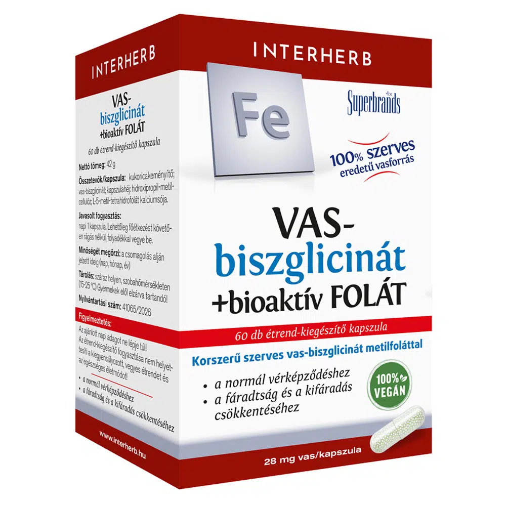 Interherb Vas-biszglicinát+bioaktív Folát kapszula - 60db Interherb Vas-biszglicinát+bioaktív Folát kapszula - 60db