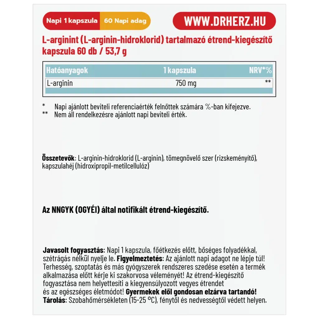 Dr. Herz L-arginin HCL 750mg kapszula Dr. Herz L-arginin HCL 750mg kapszula